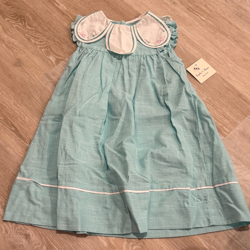 Aqua Dress with Embroidered White Collar